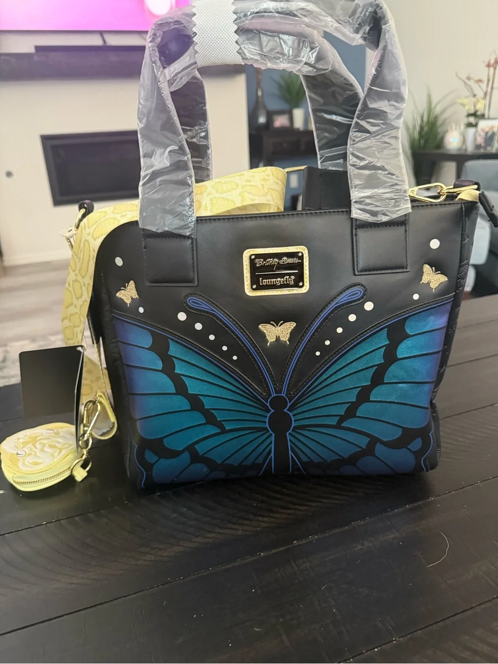 NWT Britney Spears Butterfly Print Loungefly Purse with Yellow Strap